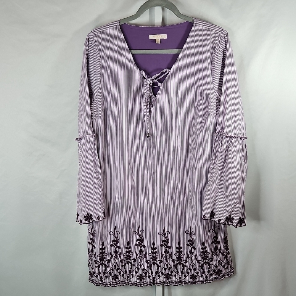 Skies Are Blue Lavender Striped Embroidered Midi Women's Dress Sz Large
